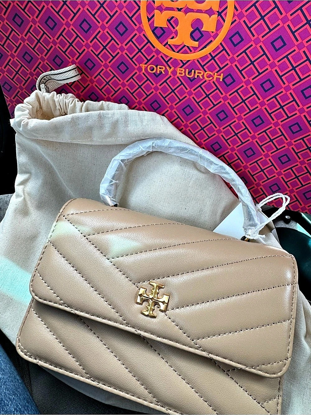 Tory Burch Kira Chevron Small Top-Handle Satchel Beige